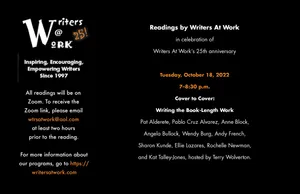Marketing poster for Writers at Work 25th Anniversary Event Flyer on Tuesday, October 18, 2022, at 7:00 to 8:30 pm.