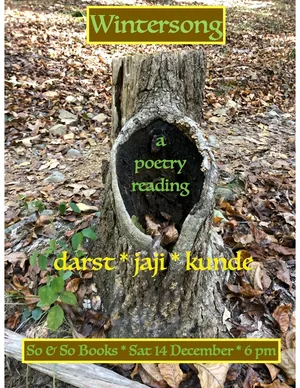 Marketing poster for poetry reading at So & So Books in Raleigh on Saturday, Dec. 14th at 6 pm 