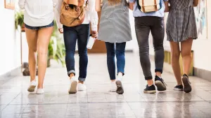 Students walking down a hallway