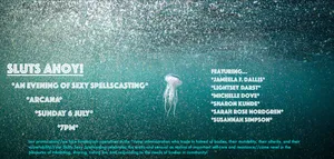 Event poster for poetry reading featuring a blue-green ocean filled with plankton and centered on a jellyfish with long tentacles