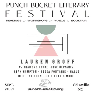 Poster reading "Punch Bucket Literary Festival: Readings, Workshops, Panels, Bookfair" with geometrical shapes